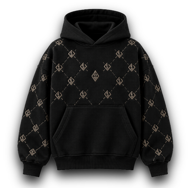 A black pullover hoodie with a repeating small white graphic pattern across the front and sleeves, shown on a plain white background.