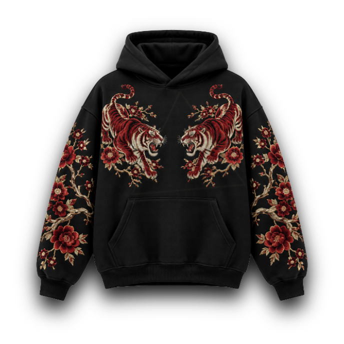 A black pullover hoodie featuring a large red and gold tiger graphic on the chest, with matching floral and tiger patterns running down both sleeves, shown against a plain white background.